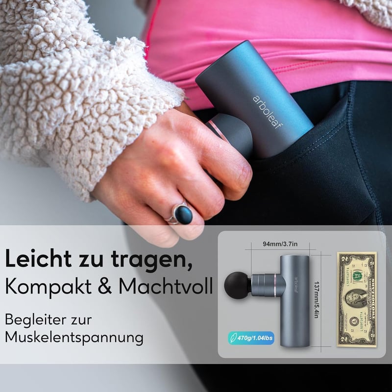 arboleaf Mini Masszázspisztoly 3200 RPM - Hordozható Izommasszírozó AI Szintekkel, 4 Szilikon Fejjel, Csendes Működés, USB-C Töltés, Táskáva
