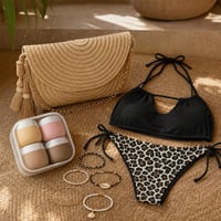 Plážový set: S-bikiny + retiazka na členok + 4x cestovná nádobka + slamená kabelka 1