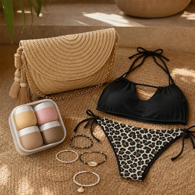 Plážový set: S-bikiny + retiazka na členok + 4x cestovná nádobka + slamená kabelka