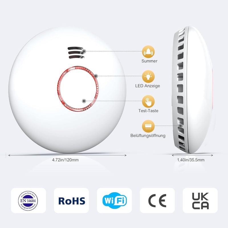 Andyssey GS558D Okos Füstérzékelő WiFi-vel, Mágneses Tartóval - Hálózatba Köthető Tűzjelző Fotoelektromos Érzékelővel, DIN EN14604 