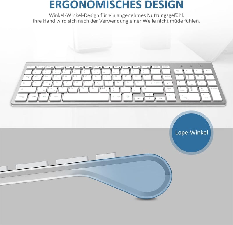Vezeték nélküli QWERTZ billentyűzet és egér szett - Ergonomikus, vékony, német kiosztású - Fehér-ezüst