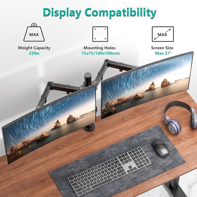 WALI Kettős Monitortartó Állvány - Állítható, 27"-ig, 10kg Teherbírás, 360° Forgatható, Dönthető, Asztali Rögzítés, Fekete (WL-M002)
