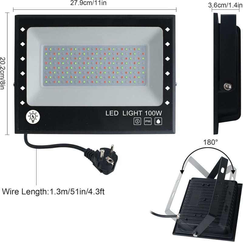 OUSIDE RGB LED Reflektor Szett, 2 db 100W Bluetooth Kültéri Világítás, IP66 Vízálló, 15000 Lumen, Színváltós Hangulatfény Kertbe, Erkélyre