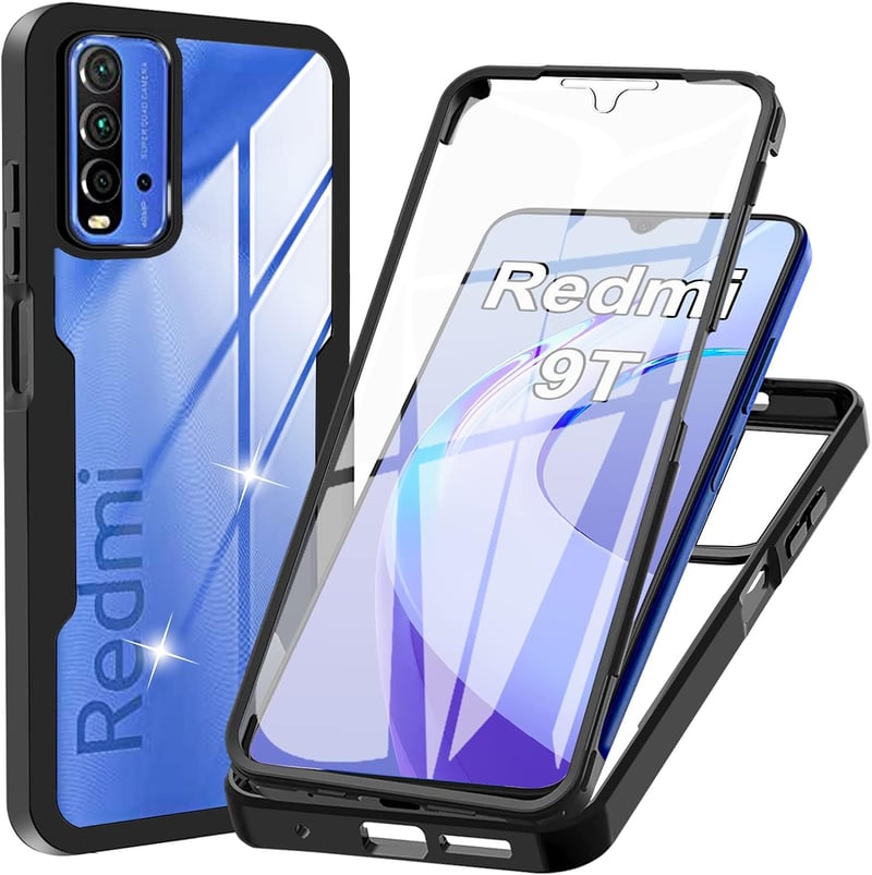 Xiaomi Redmi 9T / Poco M3 360°-os átlátszó védőtok beépített kijelzővédővel, fekete