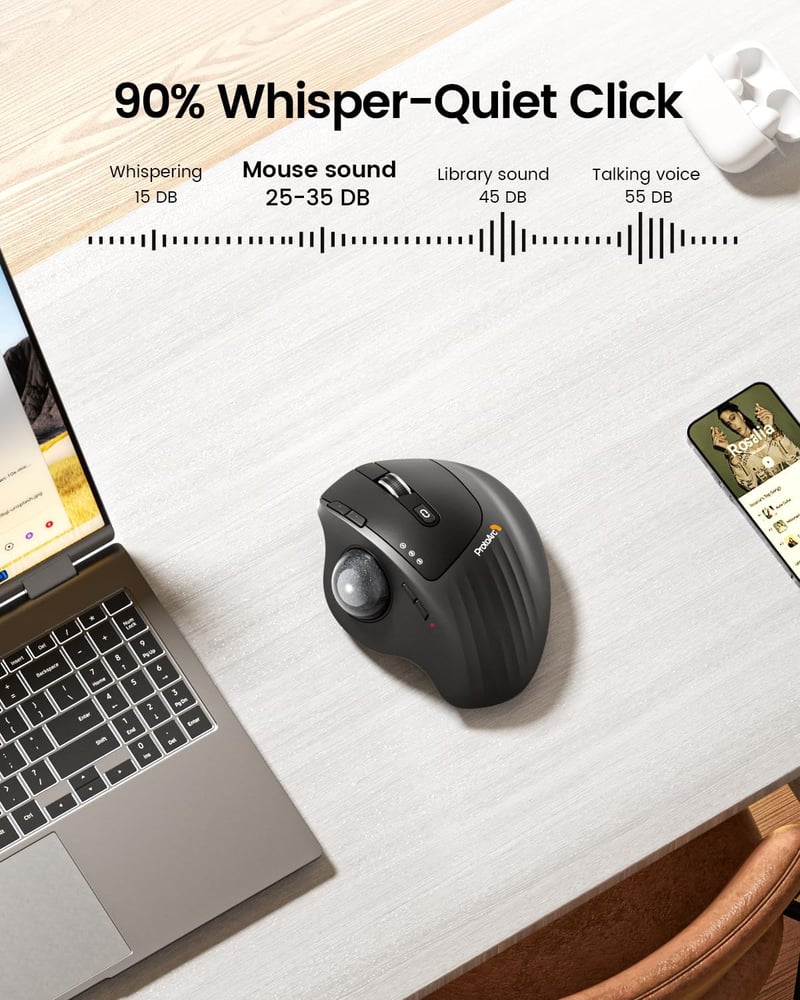 ProtoArc EM01 NL Trackball Egér - Állítható Szögű, Hüvelykujj Vezérlésű, Vezeték Nélküli, 3 Csatlakozási Mód, 5 DPI Szint, Újratölthető, Fek
