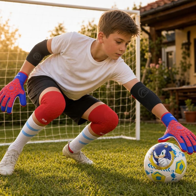 Pachet antrenament portar: mănuși + 2 genunchiere + cotieră + șosete compresie + minge fotbal nr. 5