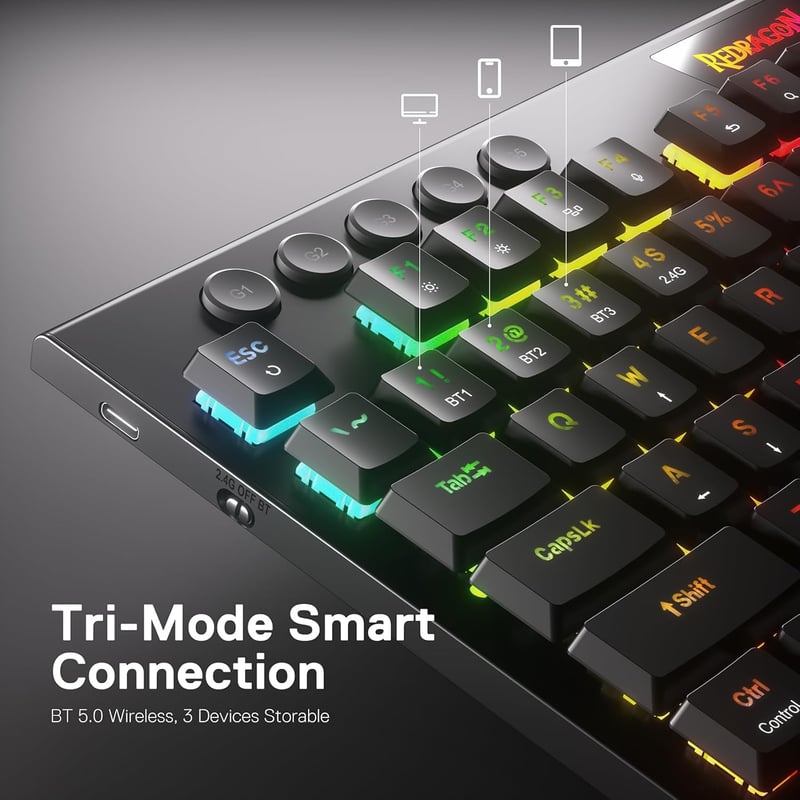 Redragon K618 Horus RGB Mechanikus Gamer Billentyűzet, Háromféle Csatlakozás, Lapos Billentyűk, Lineáris Red Switch, Dedikált Médiavezérlés