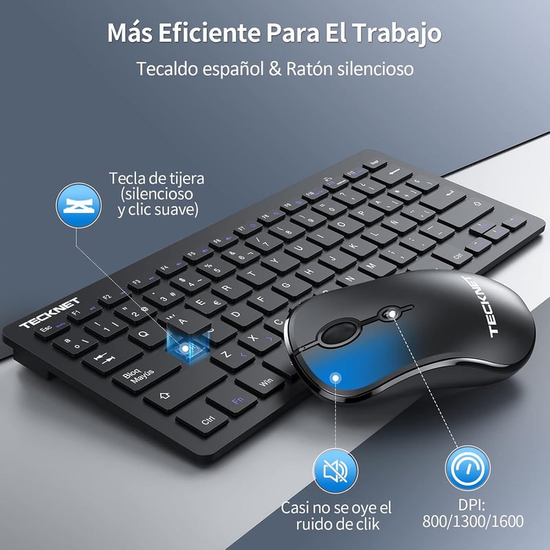 TECKNET Vezeték Nélküli Csendes Billentyűzet és Egér Szett -Spanyol- Ultravékony Mini Billentyűzet, 15m Hatótáv, 2.4G, PC/Smart TV Kompatibilis, 