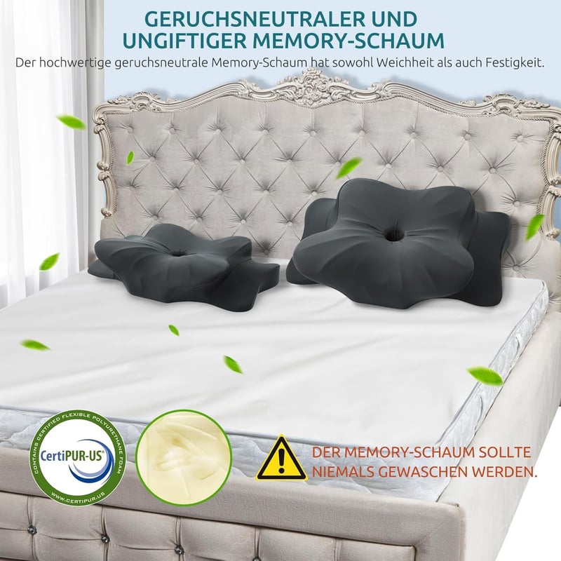 DONAMA Memory Foam Ergonomikus Nyakpárna - Oldal, Hát és Hason Alvóknak, Légáteresztő Huzattal, 2 Magassági Szinttel, Sötétszürke