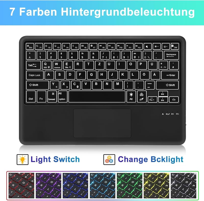 SENGBIRCH Bluetooth Billentyűzet Érintőpaddal - QWERTZ Német Kiosztás, 7 Színű Háttérvilágítás, Vezeték Nélküli, Windows/Android/iOS Kompati