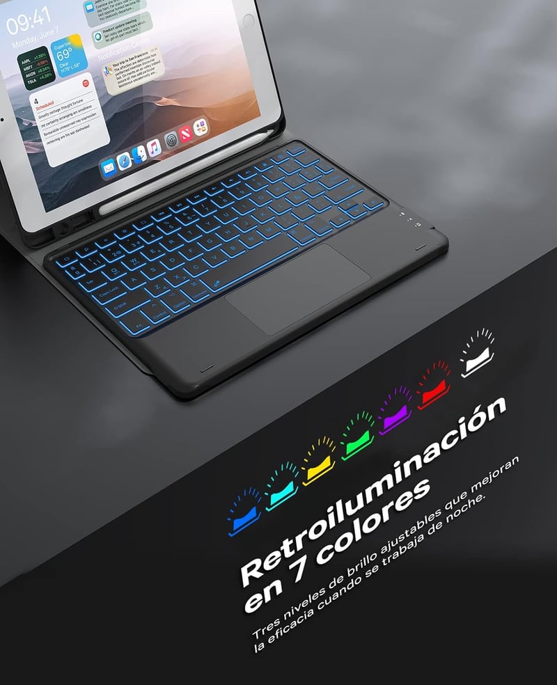 Earto iPad billentyűzet 7 színű háttérvilágítással, 10.2" iPad 9/8/7 generációhoz, fekete