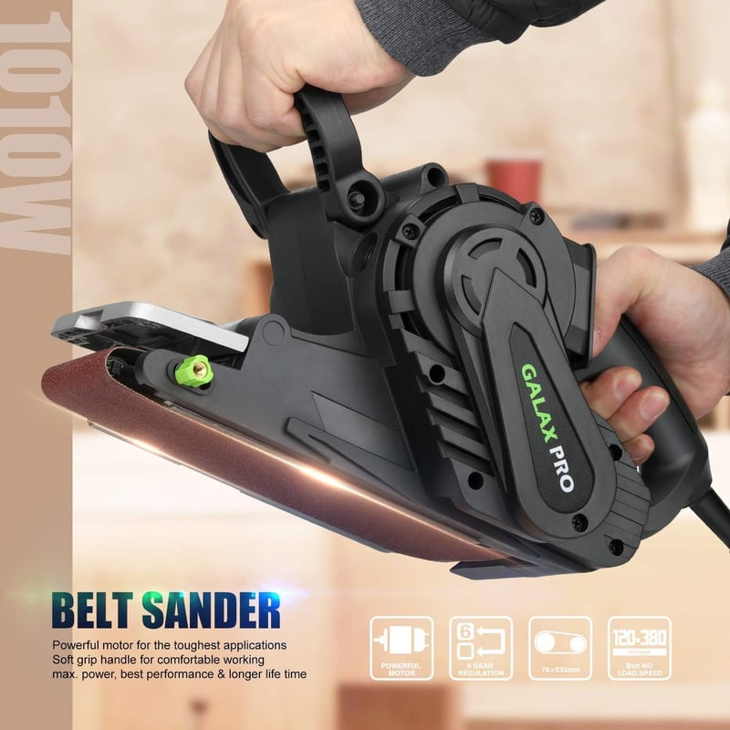 GALAX PRO S1T-SW19-76A Szalagcsiszoló 1010W, 6 Sebességfokozattal, Porszívó Csatlakozással, 533x76mm Csiszolófelülettel, Porzsákkal, Faanyag