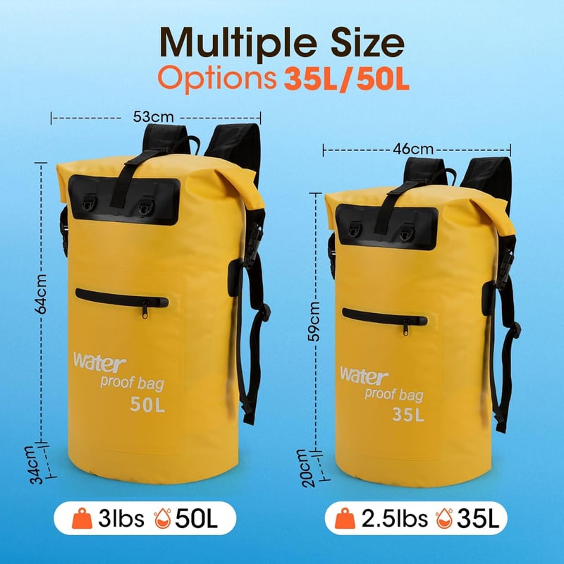 WELDUN 50L vízálló rolltop hátizsák IPX8 telefontokkal kajak sárga kenu camping túrázáshoz