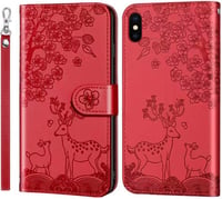 iPhone X/XS Piros Flip Tok Szarvasmintás PU Bőr Pénztárcával 2