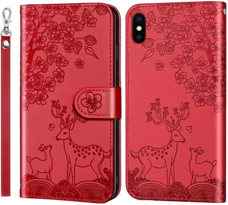 iPhone X/XS Piros Flip Tok Szarvasmintás PU Bőr Pénztárcával