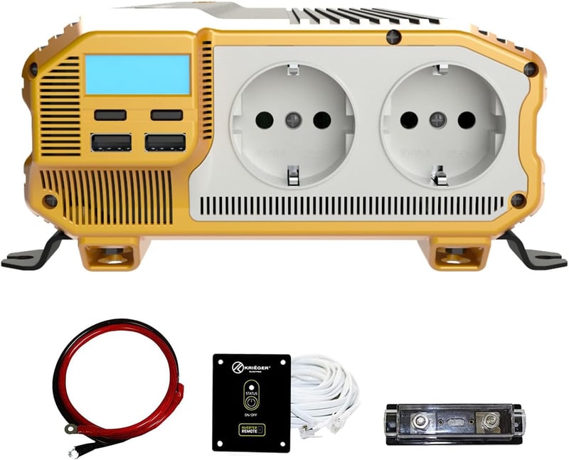 Krieger 1100W Feszültségátalakító - 12V-230V Inverter Autóba, Kempingezéshez, LCD Kijelzővel, 2 USB Porttal és EU Csatlakozóval