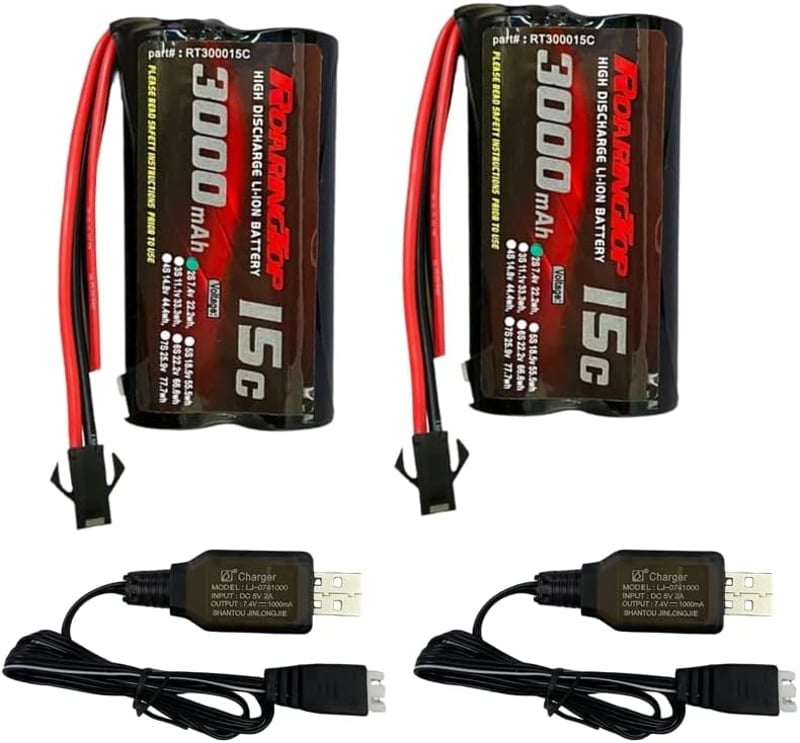 RoaringTop 7,4V 3000mAh Li-ion akkumulátor RC autókhoz és hajókhoz, 2 USB töltővel