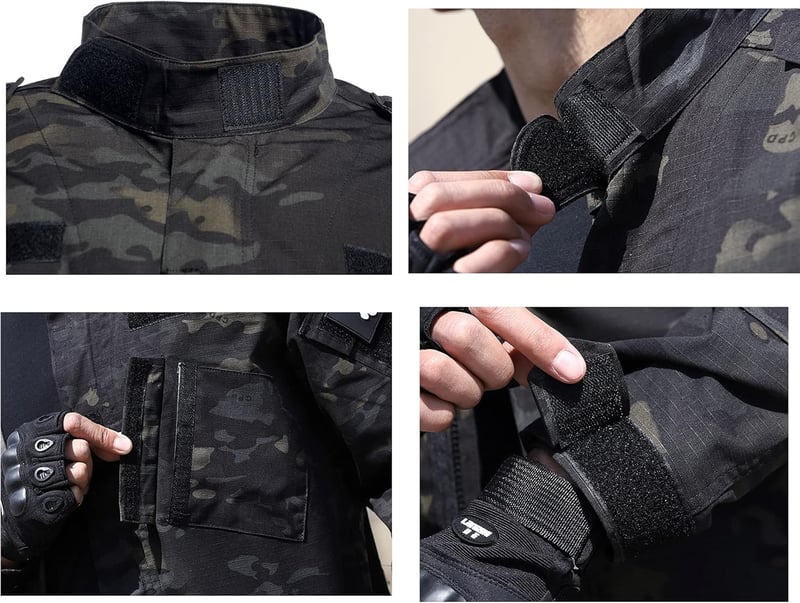 WISEONUS Airsoft Taktikai Ruházat Szett - Katonai Terepszínű Egyenruha Paintball Játékhoz, Vadászathoz - Fekete Terep Mintás Kabát és Nadrág