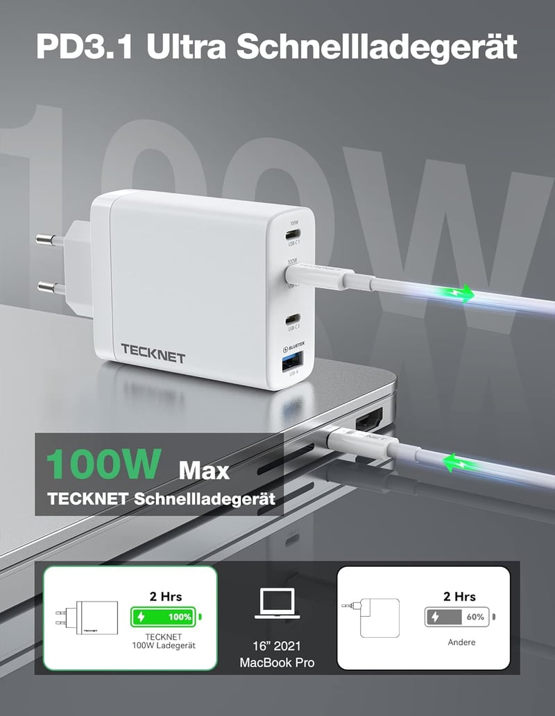 TECKNET 100W GAN III USB-C gyorstöltő 4 porttal, MacBook, iPhone, Galaxy kompatibilis