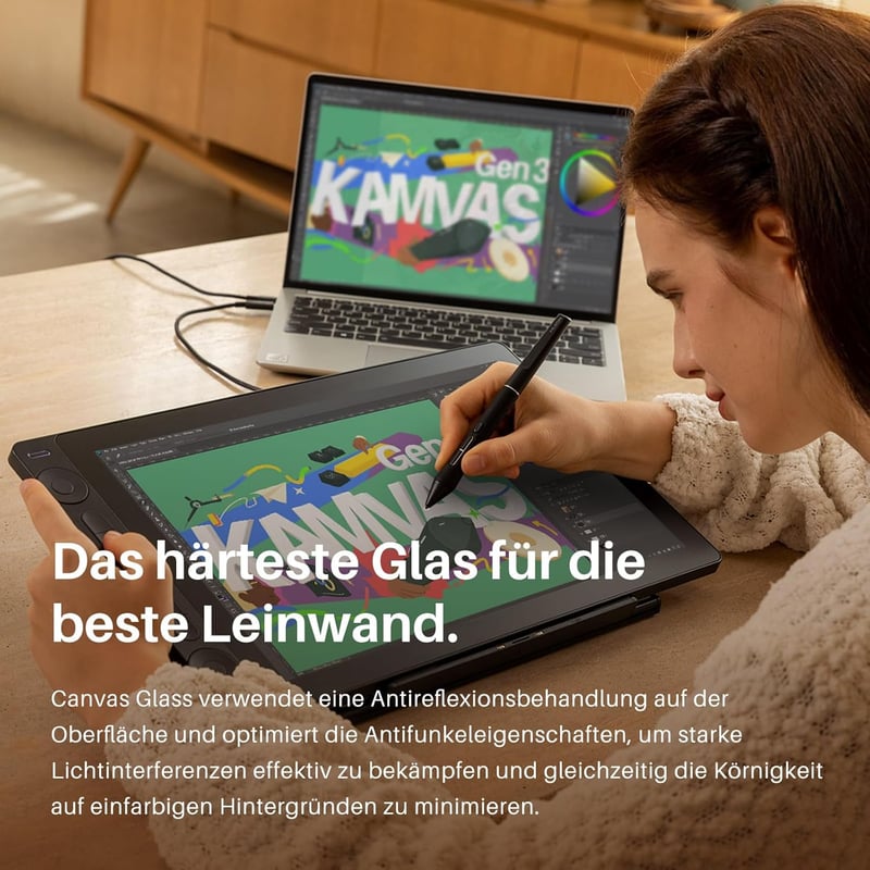 HUION Kamvas 16 Gen 3 Grafikus Rajztábla 15,8" 2.5K QHD Kijelzővel, Tükröződésmentes Üveggel, 99% sRGB, PenTech 4.0, 16384 Nyomásérzékenység