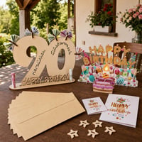 Čarolija 90. rođendana: 100x kraft omotnica + 3D glazbena čestitka + drvena knjiga gostiju sa stalkom 1