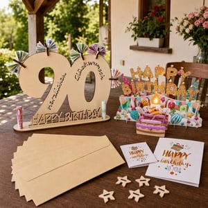 Čarolija 90. rođendana: 100x kraft omotnica + 3D glazbena čestitka + drvena knjiga gostiju sa stalkom