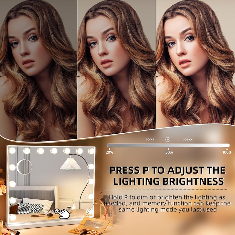 Hansong Hollywood Sminkasztal Tükör 15 LED Izzóval - Fehér Sminktükör USB Kimenettel, 58x46 cm Méretben, Üveg Kivitelben