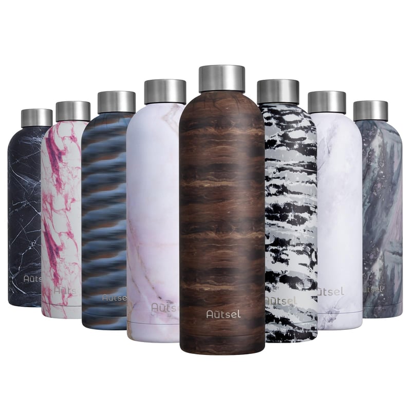Autsel Rozsdamentes Acél Termosz 750 ml - Dupla Falú, Márvány Arany Szigetelt, Szivárgásmentes Kulacs Sporthoz, Túrázáshoz - BPA-mentes, 