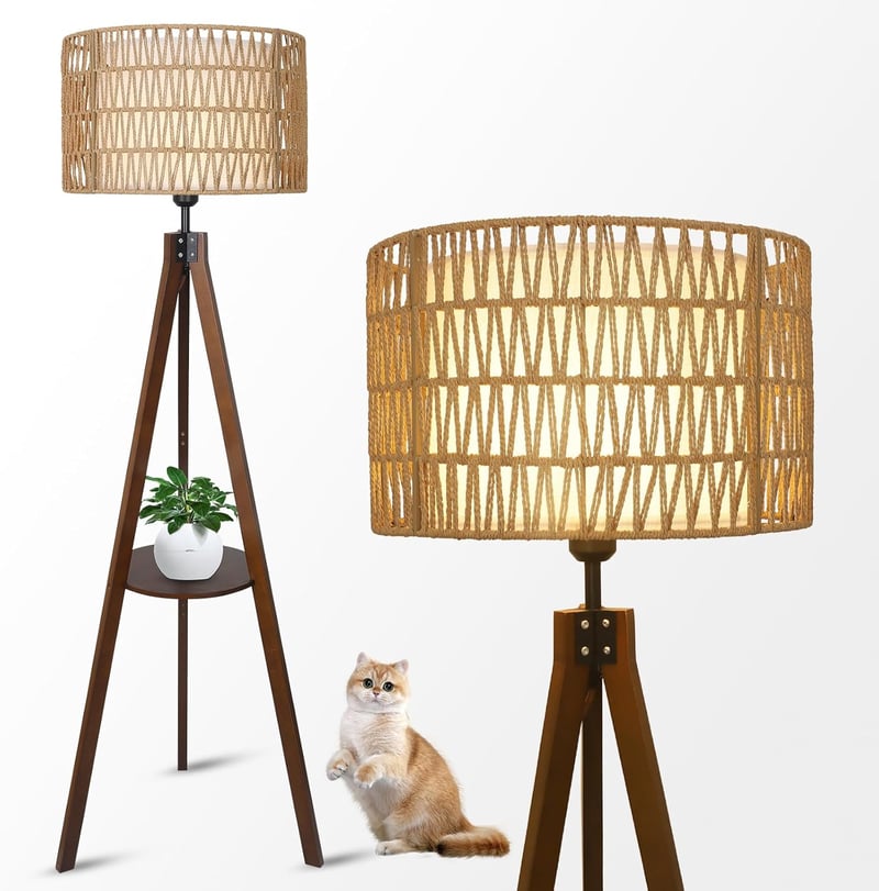 Rayofly Fa Állólámpa Polccal - Rattan és Len Lámpaernyős Tripod Boho Lámpa Nappali, Hálószoba és Iroda Számára - Lábkapcsolóval, Vintage Diz