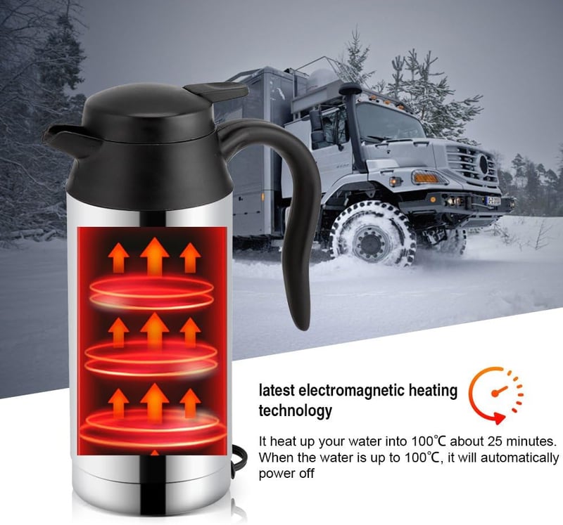 MAGT 12V 750ml Autós Vízforraló Bögre - Rozsdamentes Acél Utazó Termosz Kávéhoz, Teához - Automata Kikapcsolás, Jelzőfény, Ezüst