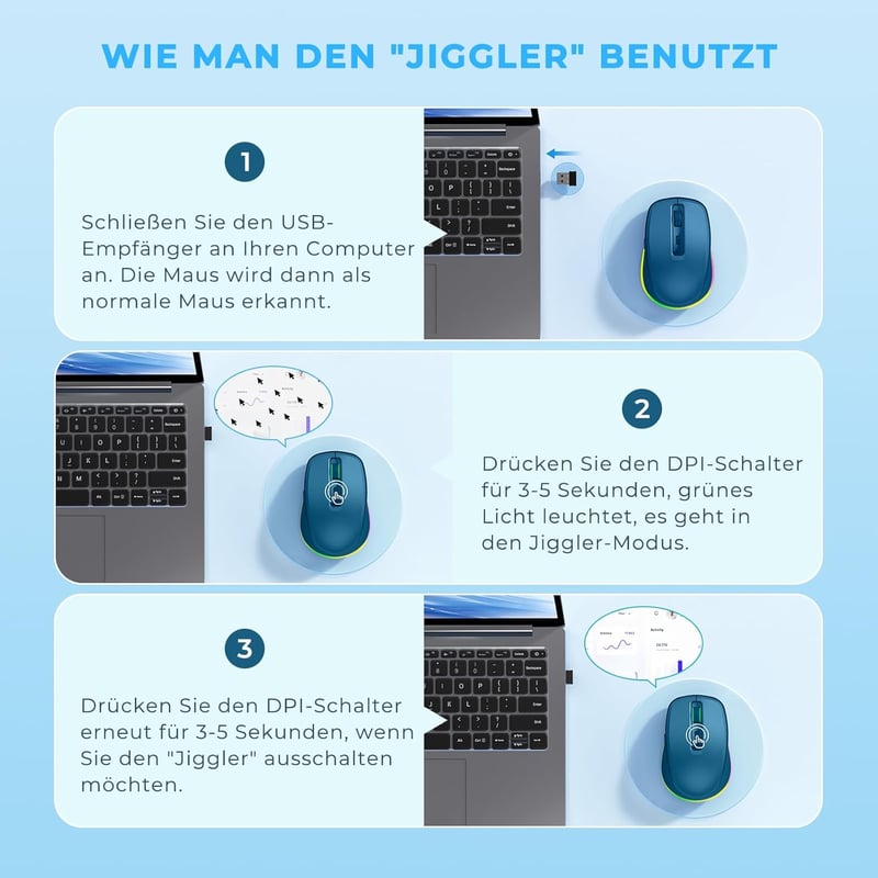 seenda LED Vezeték Nélküli Egér Beépített Mozgásérzékelővel, Újratölthető 2.4G USB Optikai Egér Laptophoz, Csendes Működés, 2000 DPI, Sötétk