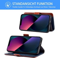 iPhone 13 5G Bőr Pénztárca Tok Kártyatartóval, Kitámasztóval - Farmerkék-Barna 3