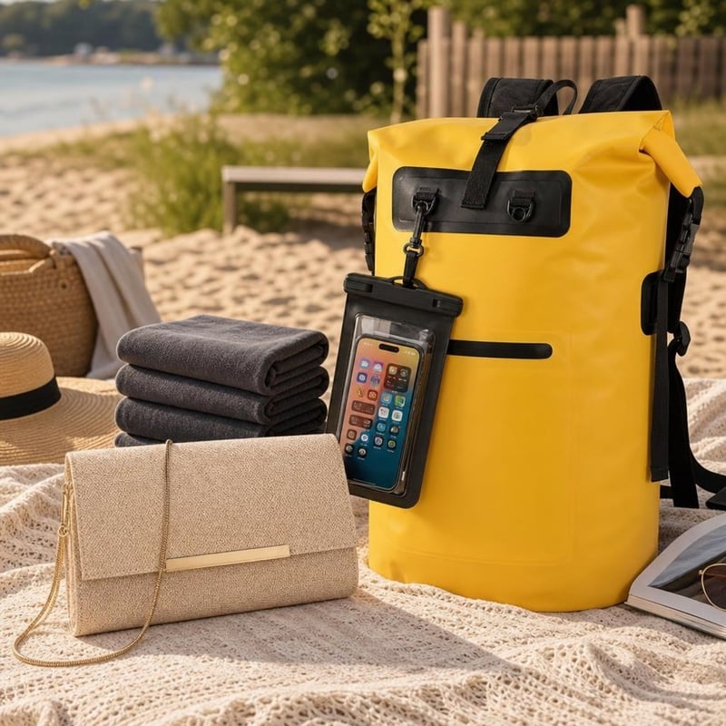Strandtáska nyári csomag: szalma crossbody + 3 db mikroszálas törölköző + IPX8 rolltop hátizsák + telefontok