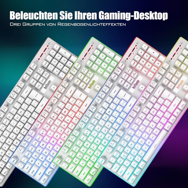 RedThunder K10 Vezeték Nélküli Gamer Billentyűzet és Egér Szett, QWERTZ DE Kiosztás, LED Háttérvilágítás, 3000 mA Akkumulátor, 3200 DPI, Feh