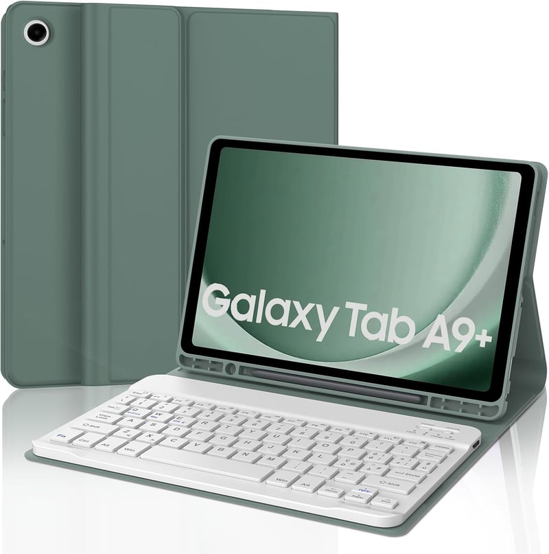 JADEMALL Bluetooth Billentyűzetes Tok Samsung Galaxy Tab A9+/A9 Plus 11" Tablethez, Tolltartóval, Sötétzöld-Fehér, SM-X210/X215/X216/X218 Mo