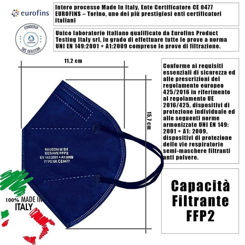 Kék FFP2 orvosi maszk, 5 rétegű, CE minősítésű - 20 db