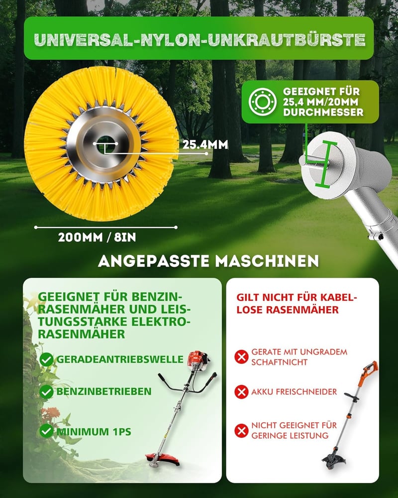 LADAMI Gyomkefe 200 mm x 25,4 mm - Univerzális Nylon Sörtés Fűkasza Kiegészítő Benzines és Elektromos Gépekhez, Gyom és Moha Eltávolításhoz