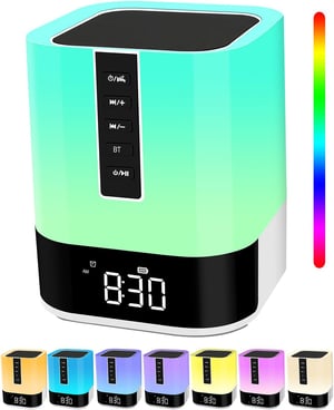 WamGra nočná lampa s Bluetooth reproduktorom, detským budíkom, generátorom bieleho šumu, dotykovým stmievaním, 48 RGB LED, biela