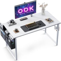 ODK Kompakt Íróasztal, 100 x 48 cm Számítógépasztal Fejhallgató Tartóval, Fehér Munkaasztal Kis Terekbe, Otthoni Iroda Asztal 1