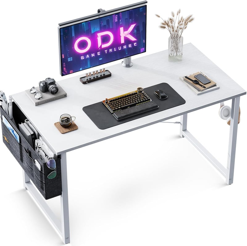 ODK Kompakt Íróasztal, 100 x 48 cm Számítógépasztal Fejhallgató Tartóval, Fehér Munkaasztal Kis Terekbe, Otthoni Iroda Asztal