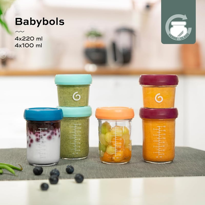 Babymoov Babybols üvegtároló bébiétel készítéshez és fagyasztáshoz - 4x220ml + 4x100ml tárolóedény + receptkönyv, BPA-mentes, mosogatógépben