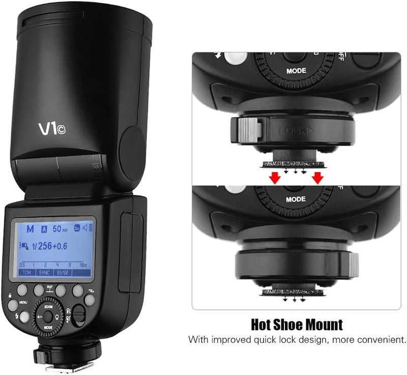 Godox V1C Professzionális Vaku Kerek Fejjel - Canon EOS Kompatibilis (1500D, 3000D, 5D Mark III) - 2.4G Vezeték Nélküli Vakurendszer Fekete