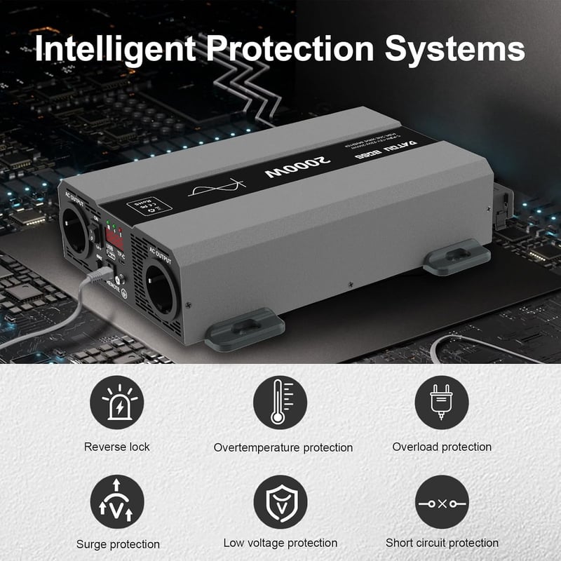 DATOUBOSS 2000W Tiszta Szinusz Inverter 24V-230V - LCD Kijelzős Feszültségátalakító USB Csatlakozással Lakóautóhoz, Kempingezéshez, Napeleme