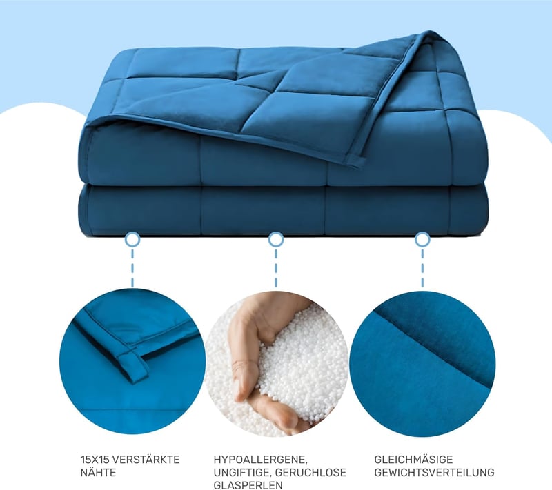 Dailydream Súlyozott Takaró 10,2 kg - Kék Üveggyöngy Töltetű Nyugtató Paplan 200x155 cm - Allergiamentes Pamut Anyagból Készült Relaxáló Alv