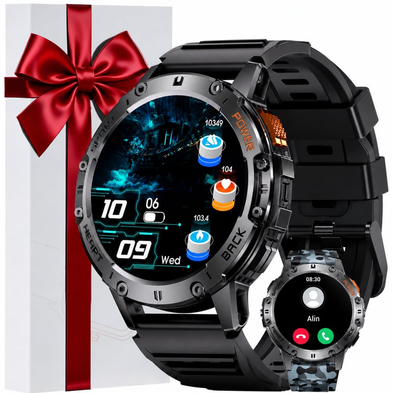 MEGALITH Smartwatch férfi okosóra LED zseblámpával, IP68 vízálló, lépésszámláló, Android — Töltőkábel hiányzik (állapot: lásd a 2. képet)