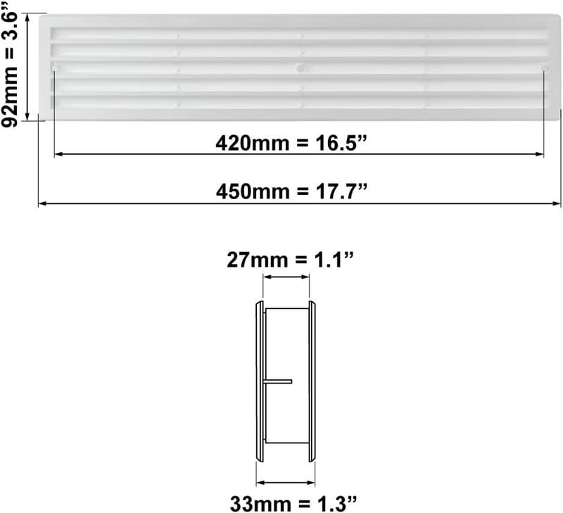 Fehér ABS Szellőzőrács 450x92mm - Ajtó és Kipufogó Rács, Négyzet Alakú