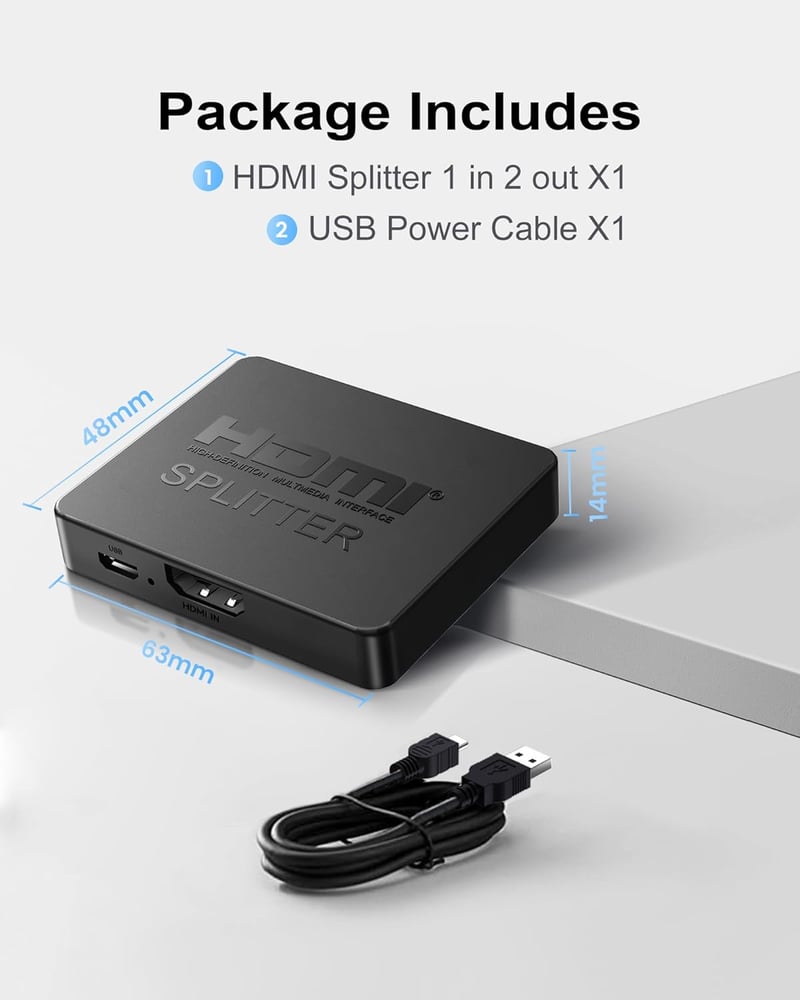 NEWCARE 4K HDMI Elosztó 1 bemenet 2 kimenet - Egyidejű képmegjelenítés Full HD TV-hez, Blu-Ray, DVD, Fire Stick eszközökhöz
