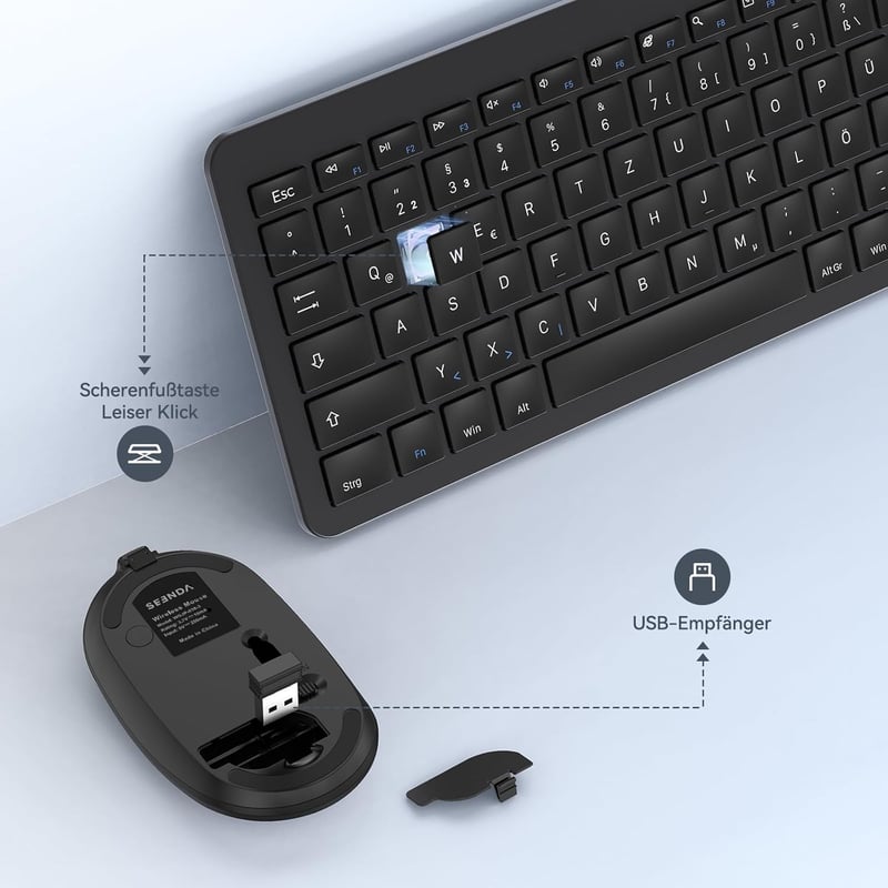 seenda SK38-3 Vezeték Nélküli Billentyűzet-Egér Szett, Ultravékony Újratölthető, Ergonomikus, Szilikon Porvédővel, PC/Laptop/Smart TV, QWERT