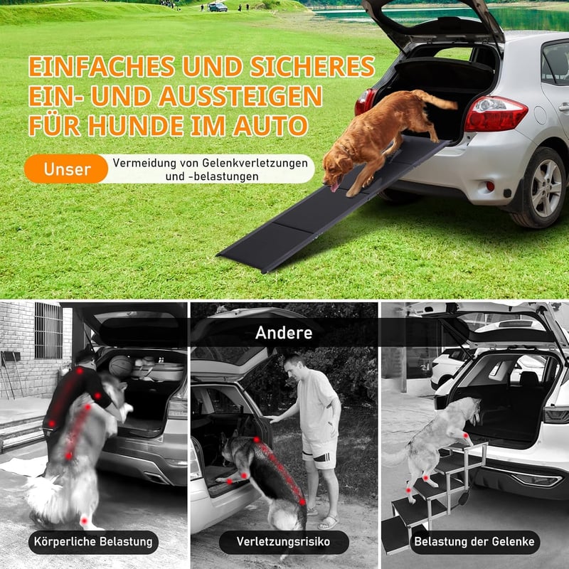 FASNATI Összecsukható Alumínium Kutyarámpa 180x50 cm - 70 kg Teherbírású Csúszásgátló Fellépő Nagyméretű Kutyáknak, Autóba, SUV-ba