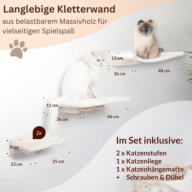 Meoville XXL Macskafal Szett 4 Részes - Tömörfa Macska Függőágy, Pihenő és 2 Lépcső, Fali Kaparófa Rendszer Bézs Színben